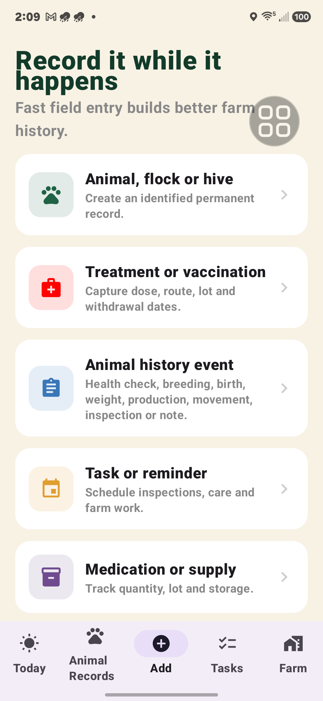 BarnBuddy Android Add screen for animals, treatments, history, tasks and supplies
