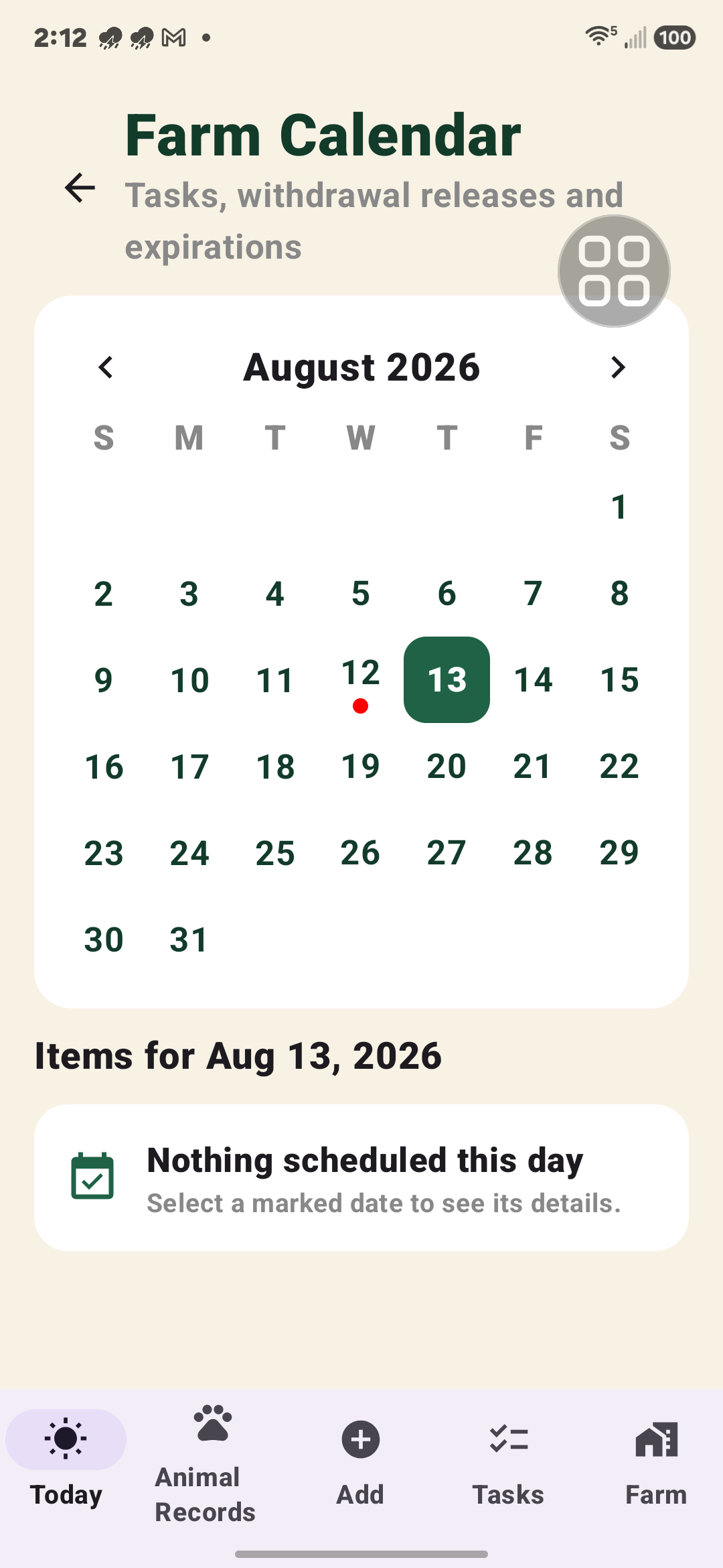 BarnBuddy Android Farm Calendar showing a monthly calendar and marked dates