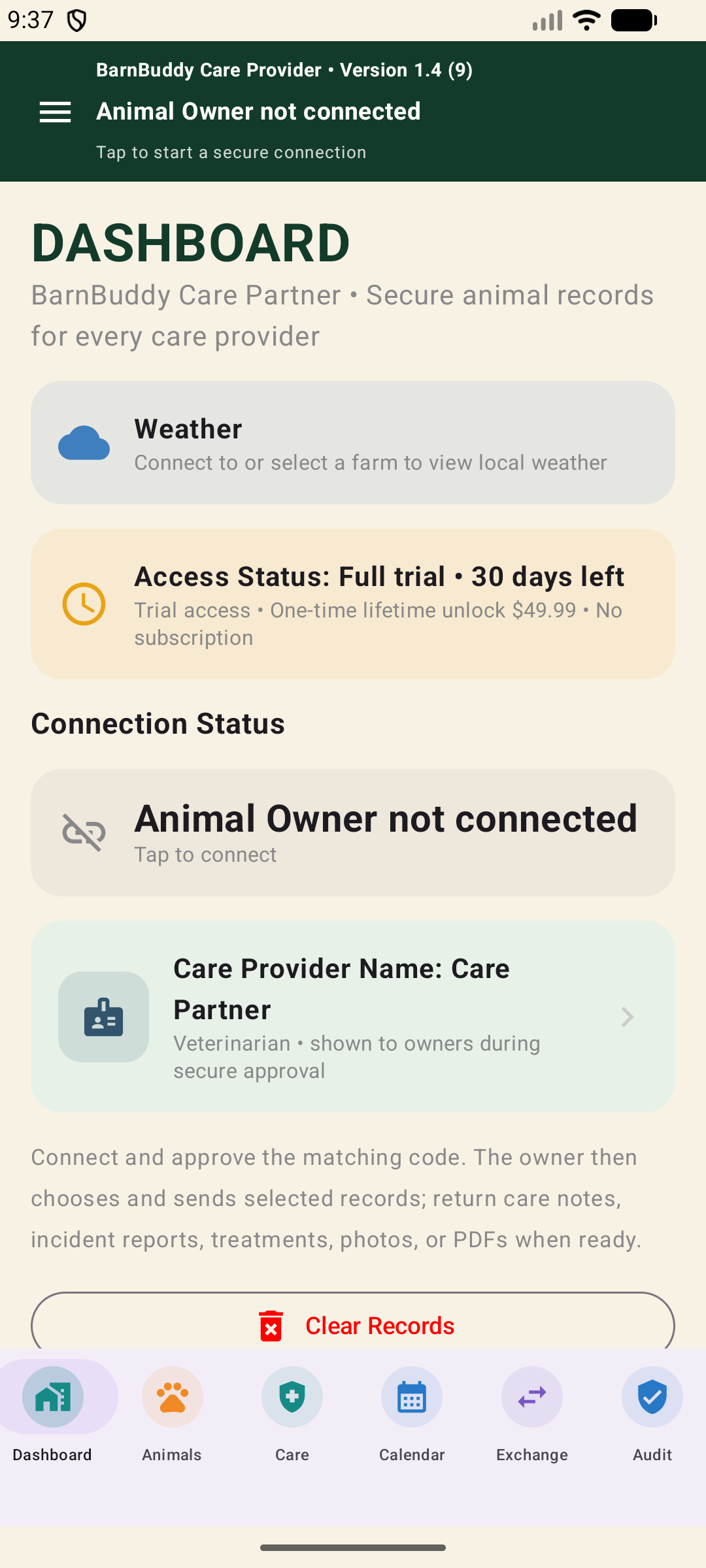 BarnBuddy Android Care Provider dashboard with connection status and secure record exchange