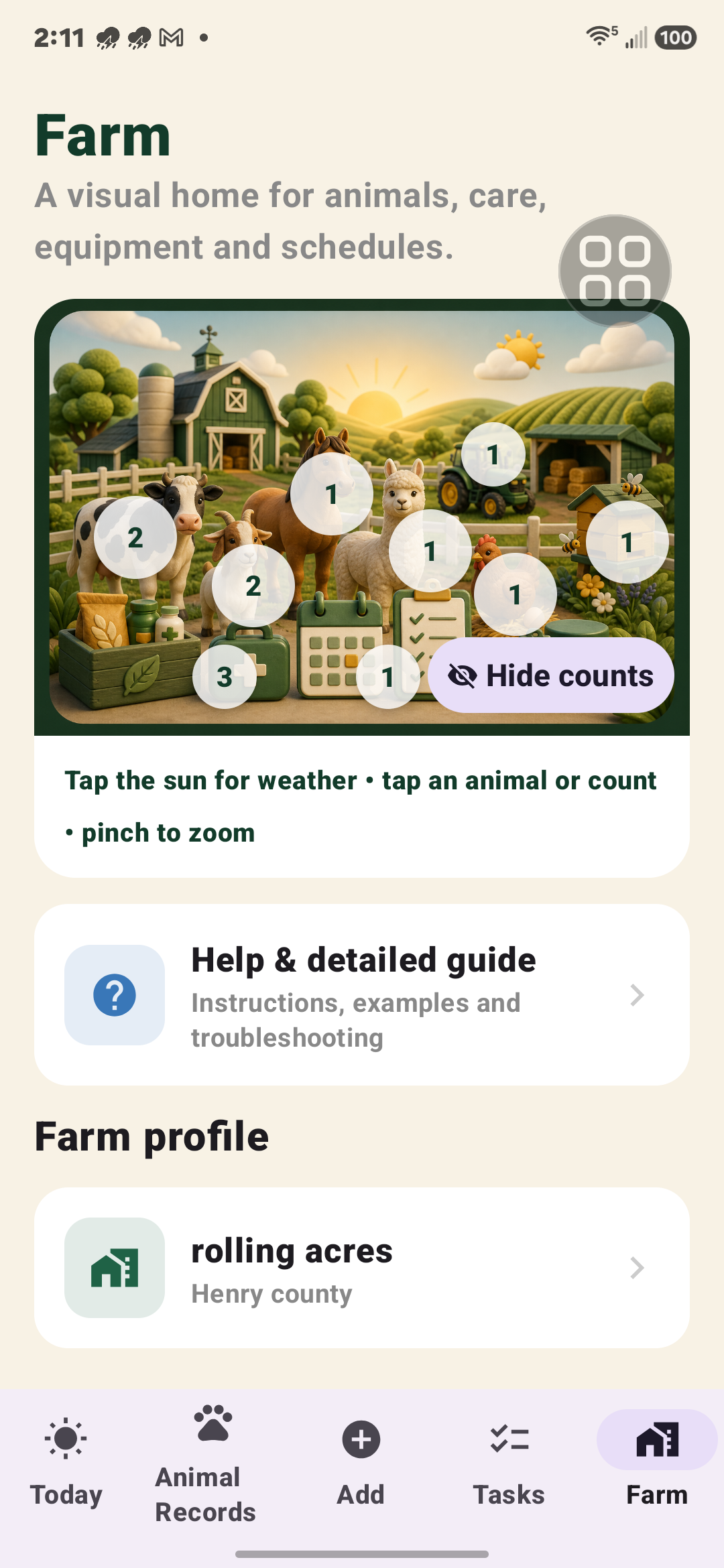 BarnBuddy Android interactive Farm screen with animal, equipment, care and task counts