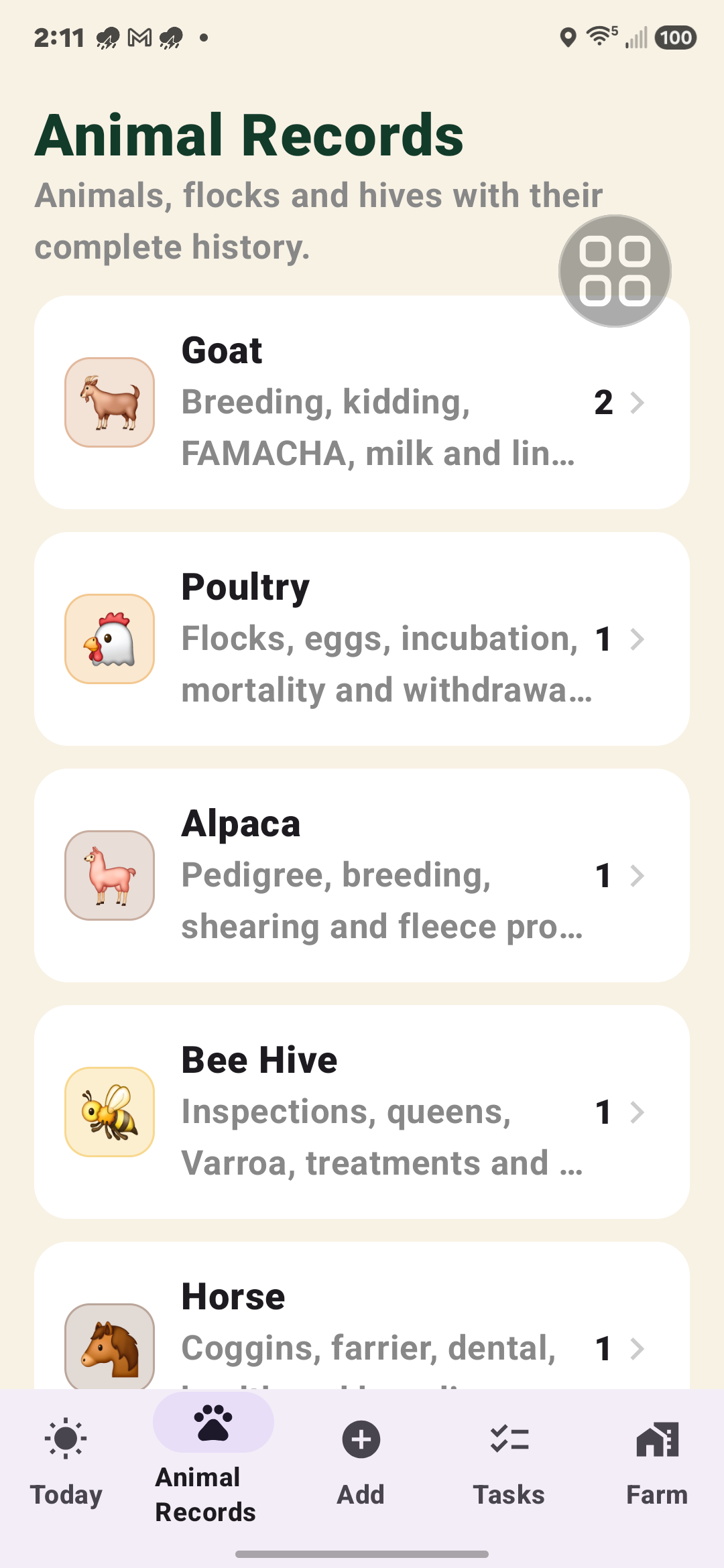 BarnBuddy Android Animal Records screen listing goats, poultry, alpacas, bee hives and horses