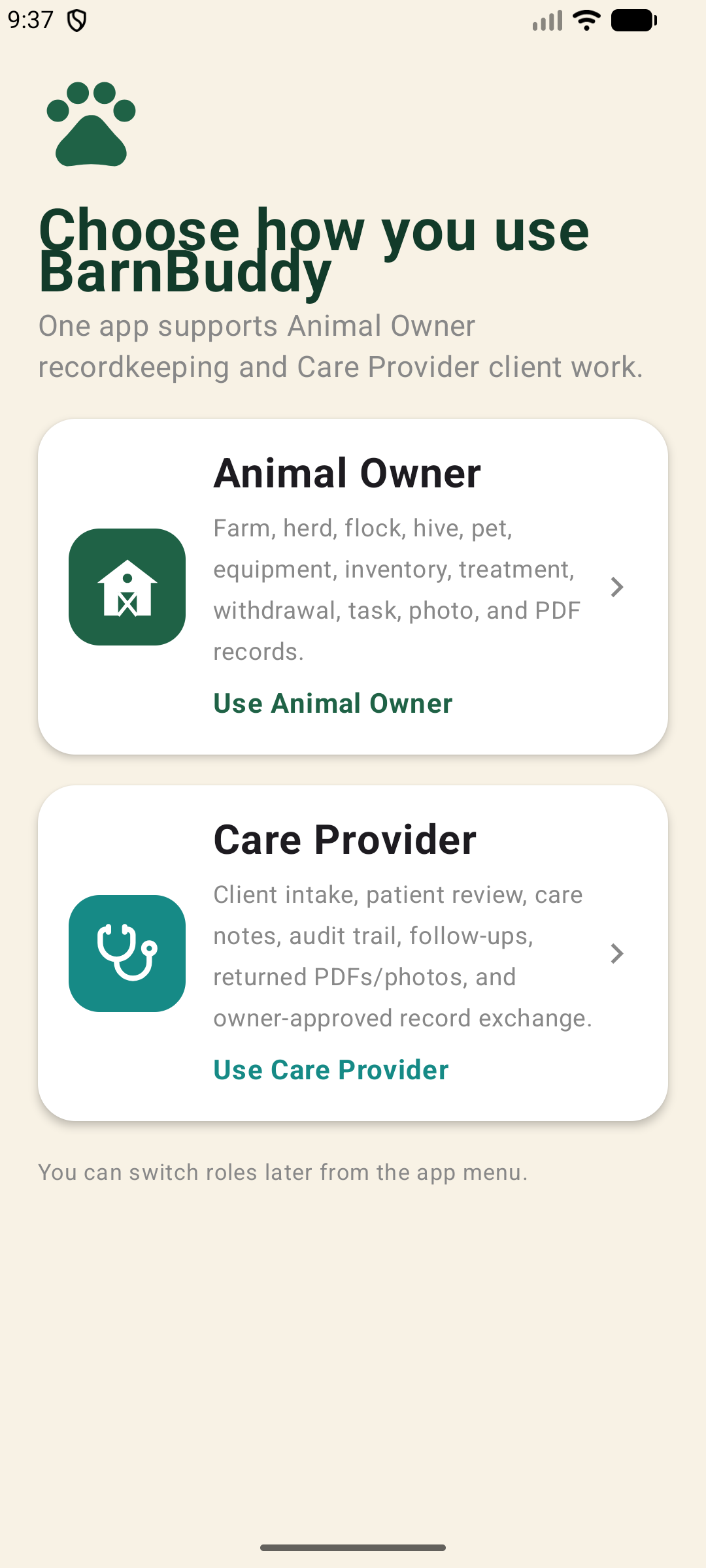 BarnBuddy Android role chooser for Animal Owner and Care Provider
