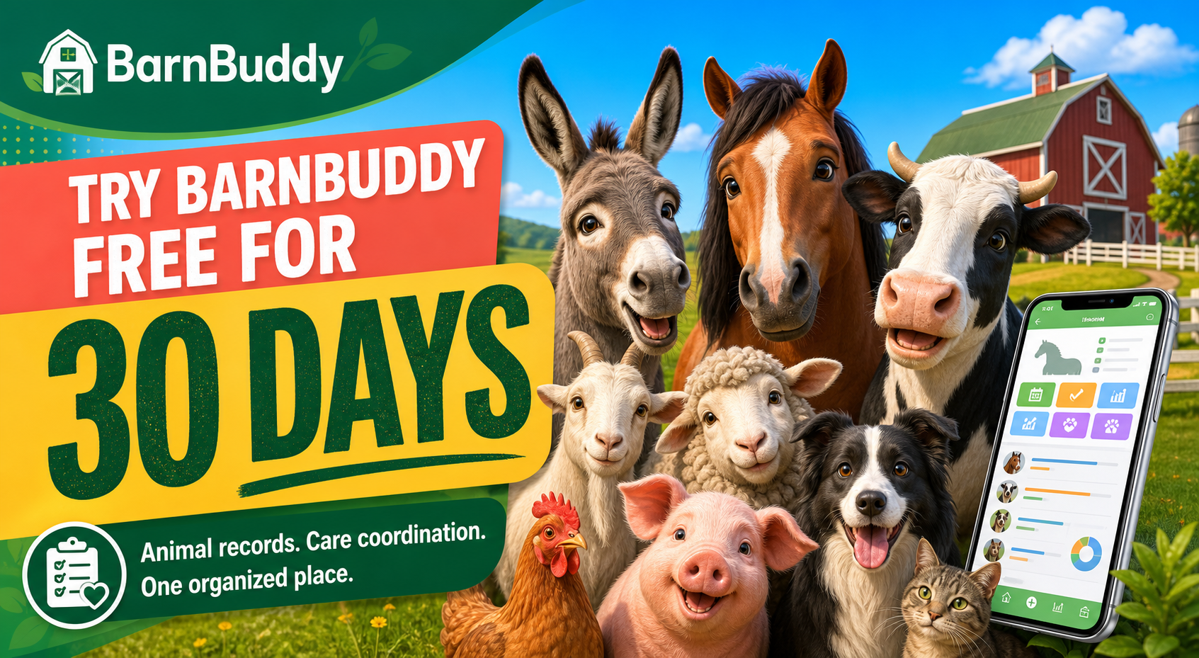 Try BarnBuddy free for 30 days, featuring donkeys and other supported animals