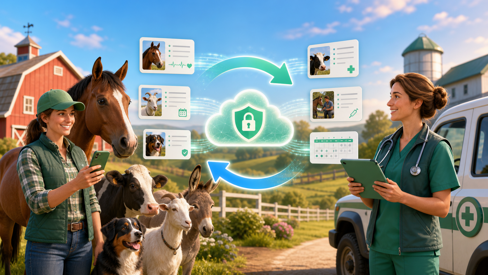 BarnBuddy Animal Owner and Care Partner securely exchanging animal records through the cloud