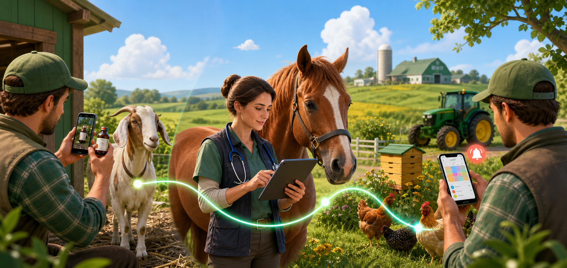 Farmer photographs a medicine label, veterinarian reviews a horse record, and farmer checks scheduled tasks